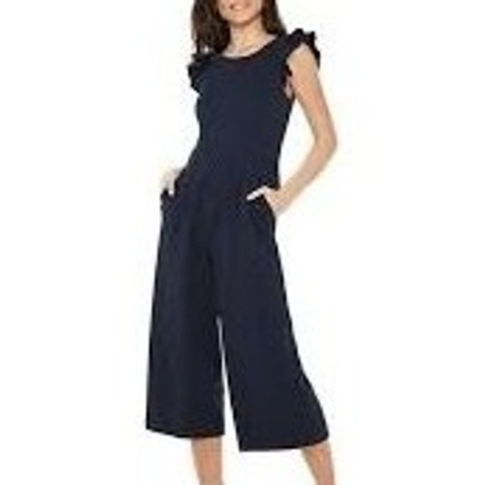 NWT ELLE Jumpsuit Women's Size XL Navy Blue Ruffle Sleeve Wide Leg Career Party